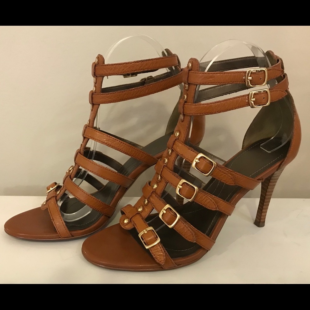 Tahari Alberto cognac strap heels.